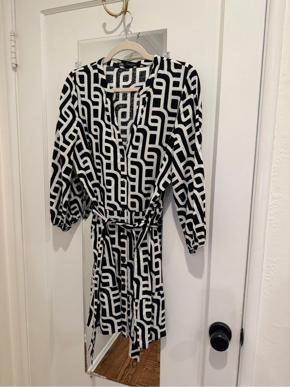 Zara Black & White Geometric Long-Sleeve Wrap Dress